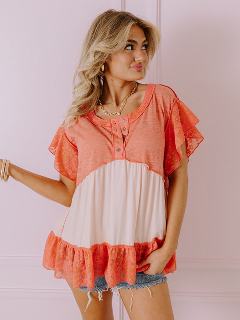 POL Coral and Cream Lacy Blouse